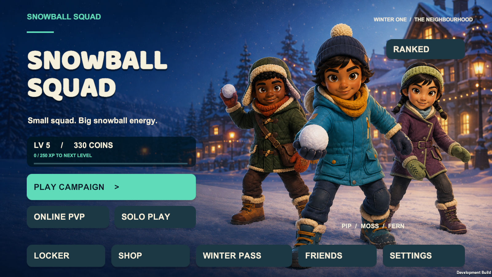 Snowball Squad winter village main menu with Pip, Moss and Fern