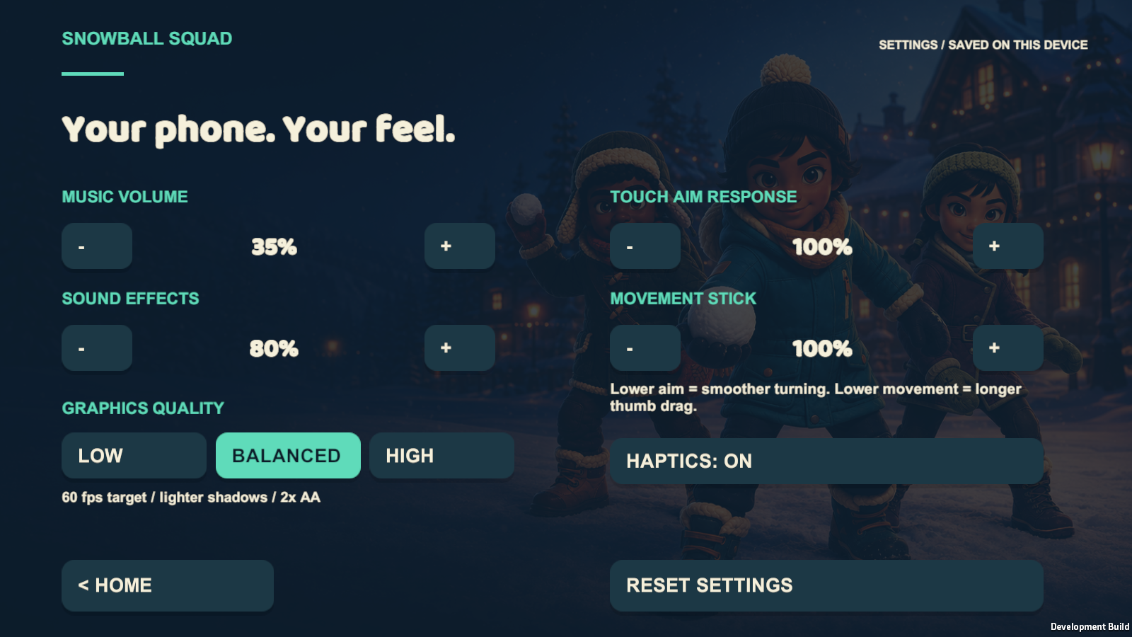 Volume, sensitivity, haptics and graphics settings